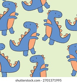 cute blue orange dinosaur seamless print pattern graphic tee design for kids market as vector