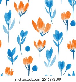 Lindo patrón de acuarela transparente floral azul y naranja sobre fondo blanco. Ilustración vectorial de flores. Impresión de acuarela en estilo rústico vintage, textil o Fondos de pantalla.