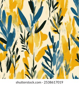 Cute blue and orange leave seamless watercolor pattern on white background. Flower vector illustration. Watercolor print in rustic vintage style, textile or wallpapers.