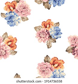 cute blue orange and pink vector flowers bunches pattern of white