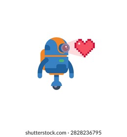 A cute blue and orange robot character projecting a red pixelated heart from its eye lens on a white background