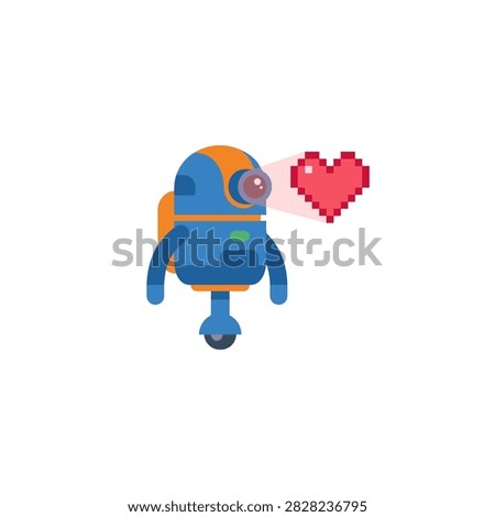A cute blue and orange robot character projecting a red pixelated heart from its eye lens on a white background