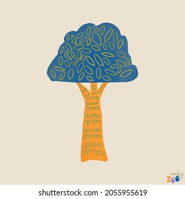 Cute blue and orange tree in kind of childish drawing style - cocky zoo set 