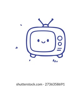 A cute, blue outline drawing of a retro television set featuring a smiling face on its screen.