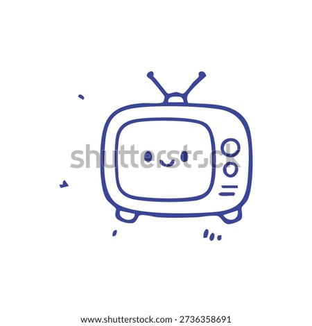 A cute, blue outline drawing of a retro television set featuring a smiling face on its screen.