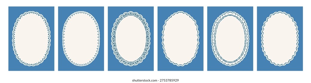 Cute blue oval whimsical hand drawn banners with line frames set. Perfect for boy baby shower party, wedding, birthday design.