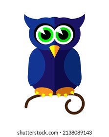 Cute blue owl with big green eyes sitting on a twig. Cartoon character isolated on a white background. Flat vector illustration for children illustrating, printing materials, design