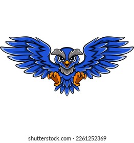 Cute blue owl cartoon mascot flying