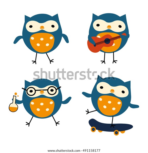 Cute Blue Owl Character Glasses Guitar Stock Vector Royalty Free