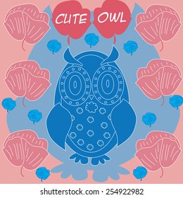 cute blue owl with flowers vector illustration