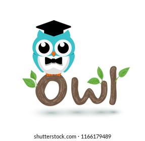 Cute blue owl with graduation cap sitting on wooden sign like tree with leaves. vector