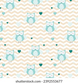 Cute blue owl and hearts pattern. Vector seamless pattern. Clever owls and hearts texture pattern. Can be used for wallpaper wrapping paper textile and fabric texture print