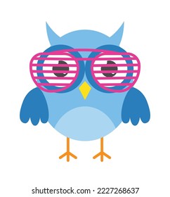 Cute blue owl with pink glasses flat icon