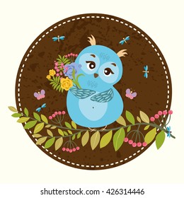 cute blue owl sitting on a branch, embroidery with owl. shy bird with a bouquet of 