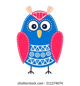 Cute blue owl. Vector hand drawn flat bird with white ornament. Bright color owl for your design. Isolated. On white background.