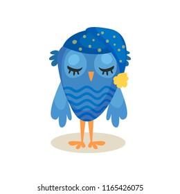 Cute blue owlet sleeping, sweet owl bird cartoon character vector Illustration on a white background