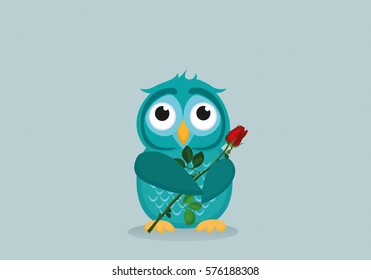 Cute blue owlet waiting to give a  of flower red rose as a gift for Valentine's Day. Greeting card. Empty space for your text or advertisement. Vector illustration on a grey background