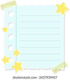 Cute Blue Paper Notes With Yellow Stars Sticker And Washi Tape Vector Illustration