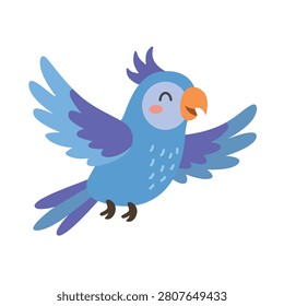 Cute blue parrot flying vector illustration. Cheerful flying tropical bird clipart isolated on white background