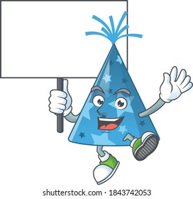 Cute blue party hat mascot design smiley with rise up a board. Vector illustration