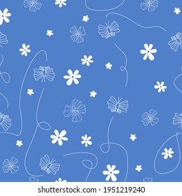 Patrón azul lindo con la mariposa de línea y flores de línea blanca. Textiles para niños. Libro de recortes de papel minimalista.