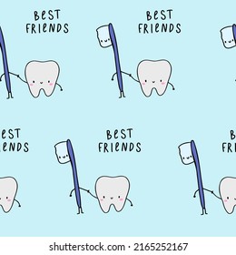 Cute blue pattern with line faces, stars, doodle toothbrush and tooth are best friends. Seamless background textile. Minimalism paper scrapbook.