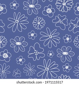Cute blue pattern with line white flowers. Seamless background. Textiles for children. Minimalism paper scrapbook for kids. 