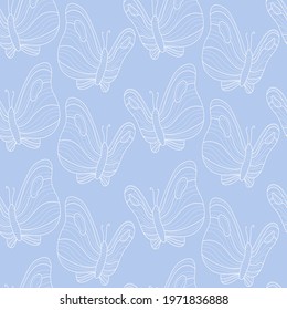 Cute blue pattern with line white butterflies. Seamless background. Textiles for children. Minimalism paper scrapbook for kids. 