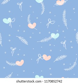 Cute blue pattern with pink and blue hearts. Valentine's day concept. Lovely heart seamless pattern vector with bows and bubbles. Perfect for valentine's day wrapping paper.