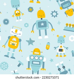 Cute blue pattern with robots for kids. Seamless scandinavian vector print for baby textile and fabric.