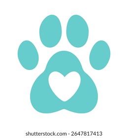 Cute blue paw print with white heart in the center – playful pet-themed vector perfect for logos, pet products, animal care, or friendly design elements.