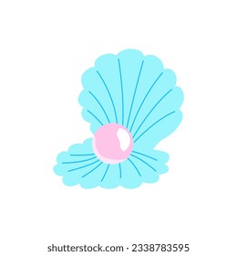 Cute blue pearl shell on isolated background. Vector flat mermaid illustration