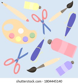 Cute blue pen, scissors, palette, pencil, brush, paints vector flat illustration with piece of paper on blue background. Nice girl stuff stylization. Back to school pattern. School background
