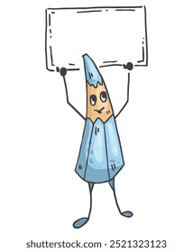 Cute blue pencil character holding a poster. Situation about education, study or learning. Vector Funny mascot stationery.
