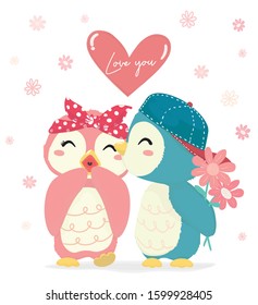 cute blue penguin boy with flower kiss happy pink penguin girl with big Love you heart, 