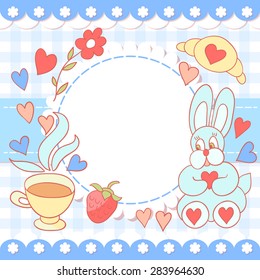 Cute blue photo frame. Baby shower card. Scrapbook elements. Vector illustration.