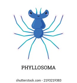 Cute blue phyllosoma cartoon character flat style, vector illustration isolated on white background. Zooplankton, underwater inhabitant, element for kid's design