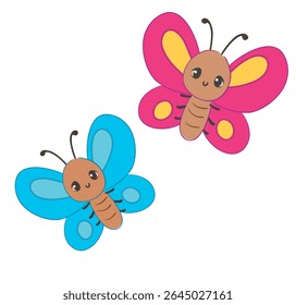 Cute Blue and Pink Butterfly Vector Simple Hand Drawn Insect Illustration on White Background