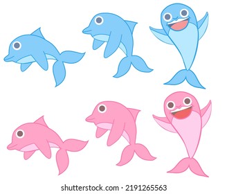Cute blue and pink dolphins.Set of funny fish.Underwater animal or wildlife.Character or mascot.Sea or ocean.Sign, symbol, icon or logo isolated.Flat design.Clipart. Cartoon vector illustration.
