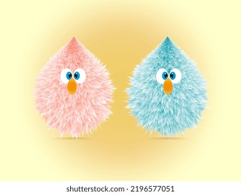 cute blue and pink funny hairy cartoon bird design vector illustration