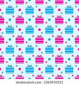 Cute Blue And Pink Gift Box Pattern Background With Star And Snow. Christmas Backdrop. Celebration. Happy New Year. Birthday. Vector Illustration
