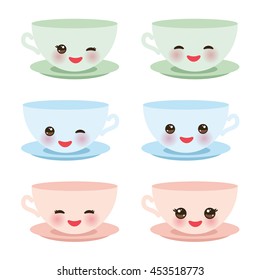 Cute blue pink green Kawaii cup set, coffee tea with pink cheeks and winking eyes, pastel colors on white background. Vector