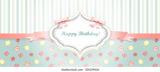 Cute blue and pink happy birthday card. shabby chic