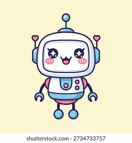 Cute blue and pink robot character with heart antennas and blushing cheeks.eps
