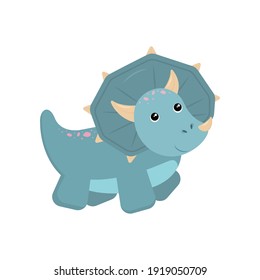 Cute blue with pink spots Triceratops dinosaur. Smiling dinosaur. White background. Vector illustration.