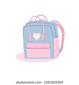 Cute blue and pink trendy backpack with heart patches, girls bag for school supplies, cartoon style. Hand drawn modern vector illustration 