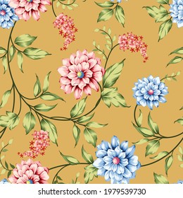 flores vectoriales lindas azules y rosas con un patrón de hojas verdes sobre fondo amarillo