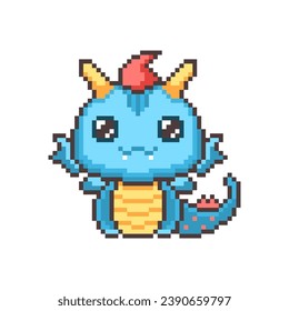 Cute blue pixel dragons. Kawaii sea funny dinosaur with fantasy 8bit graphics and fabulous horns and legendary smiling little vector monsters