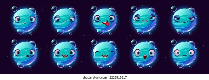Cute blue planet character faces emoji set, cartoon ui space game cosmic object with bubbles, happy, sad, surprised wow face, show tongue and angry. Funny galaxy universe personage Vector illustration