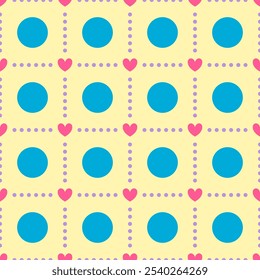 Cute blue Polka dot on yellow background with small pink heart at the corner and tiny dots border around big dot. Seamless repeating pattern for wallpaper, background, wrapping paper and cute things.